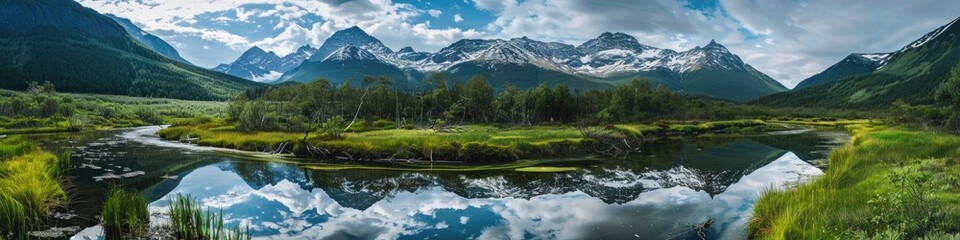 A tranquil stream flows through lush valleys and woodlands, reflecting the stunning snow-covered peaks.