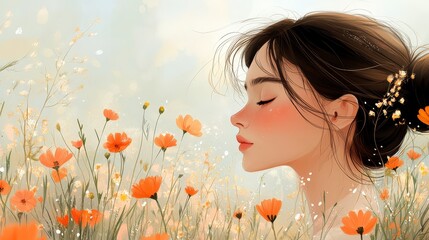 Naklejka premium Woman in a Field of Flowers Springtime Beauty and Tranquility