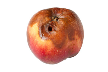 A rotten apple with a worm hole. An apple is isolated on a white background.