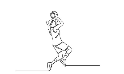 Continuous Line drawing of female Basketball Player.Single-line Young athletic woman, basketball player in sportswear and jumping action.Concept of professional sport, games, championships,
 healthy, 