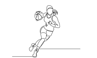 Continuous Line drawing of female Basketball Player.Single-line Young athletic woman, basketball player in sportswear and jumping action.Concept of professional sport, games, championships,
 healthy, 