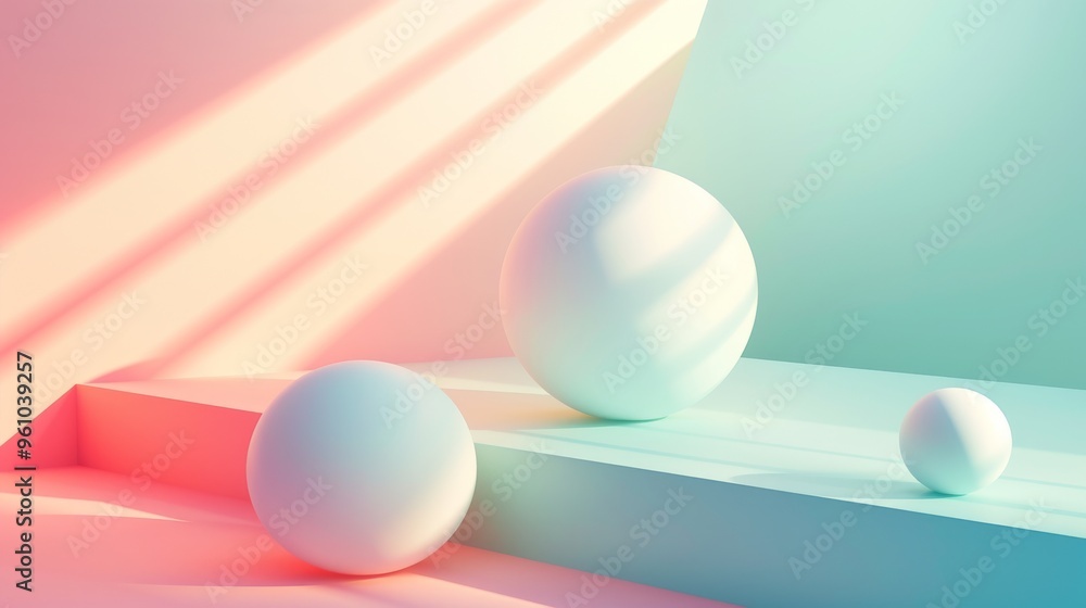Aufkleber a minimalist 3d rendering featuring three spheres of varying sizes on geometric platforms. the scene