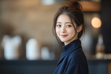 Stylish young Asian woman with a high ponytail, wearing a dark blue dress, smiling while drinking beer in a lively bar setting with a blurred nightclub backdrop and copy space on the right side.