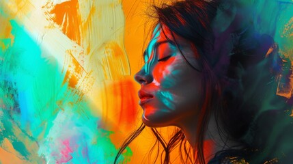 A serene profile of a young woman bathed in colorful light from an abstract painting. The vibrant background with swirls of green, orange, and blue enhances the tranquil mood, merging the subject with
