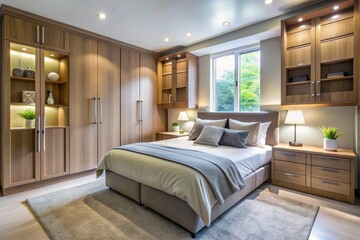 Modern bedroom with comfortable bed and spacious built-in cupboards offering ample storage space