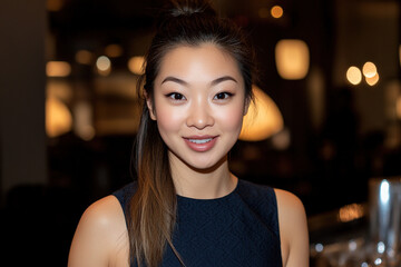 Obraz premium Attractive young Asian woman with high ponytail hairstyle, wearing a dark blue dress, enjoying a beer and smiling at the camera in a lively bar. Half-body shot with copy space on the right side and a 