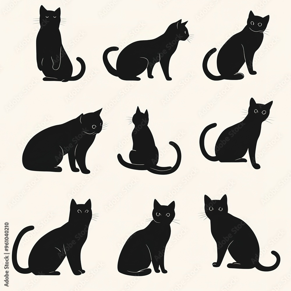 Sticker Various black cat silhouettes in different poses on a light background.