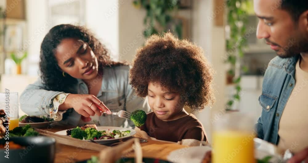 Poster Broccoli, eating or refuse with parents and child in dining room of home together for meal or supper. Annoyed, frustration or stubborn with family in apartment for healthy food and vegetables