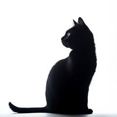 Silhouette of a black cat with white eyes sitting on a white background