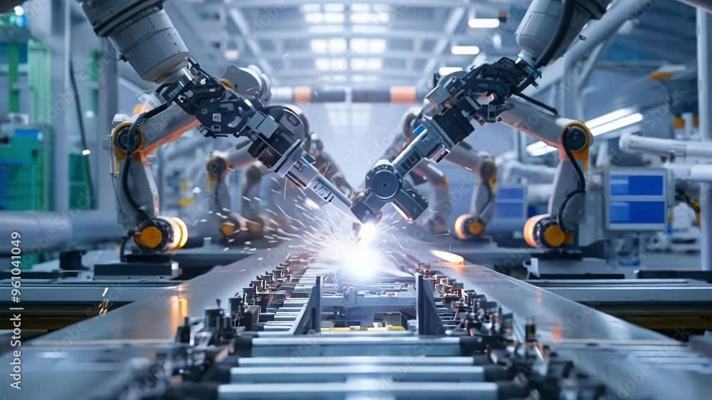 Poster series of articulated robots are welding components on a production line, showcasing the automation 