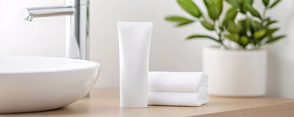 Fototapeta premium Minimalist packaging of moist wipes in a white bathroom - Clean and simple design with hygiene products