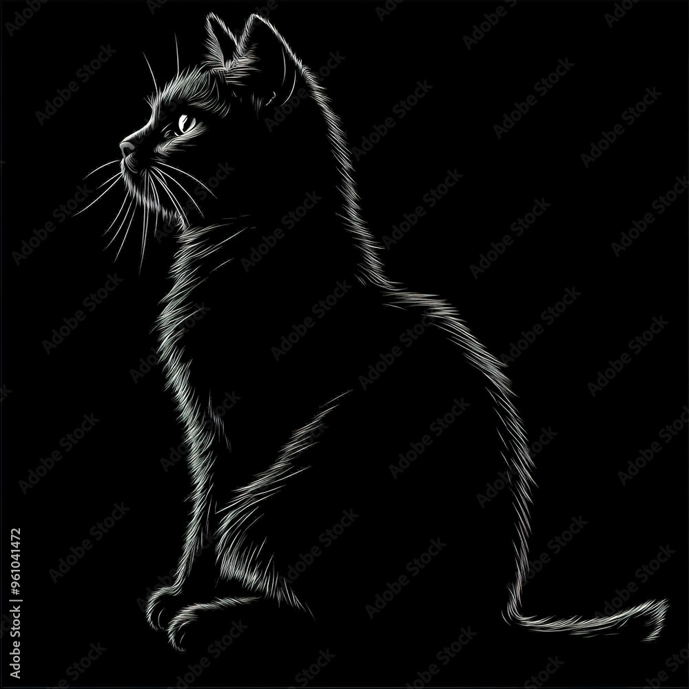 Sticker Silhouette of a Black Cat Sitting. Vector illustration design. 