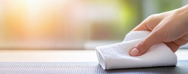 Obraz premium Wiping yoga mat with moist wipes - Clean and hygienic process for personal exercise equipment.