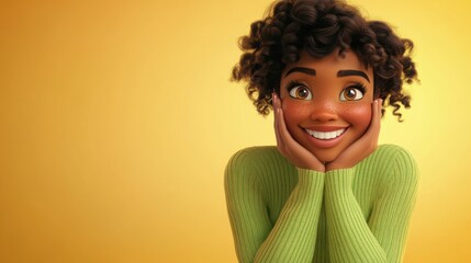 3D character close up portrait of a happy black woman in a green sweater, resting her chin on both hands with a bright smile, on a soft yellow gradient backdrop, copy space, cartoon style
