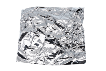 Crumpled square-shaped aluminum foil. transparent background