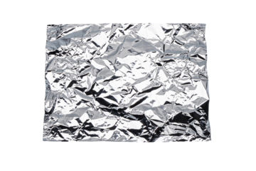 Crumpled square-shaped aluminum foil. transparent background