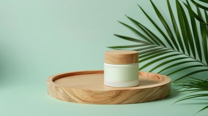 Wooden plate for showcasing products with palm leaf background. Mockup with podium and space for text. Empty cylindrical stand for cosmetics on mint green backdrop. Top view of skincare products.