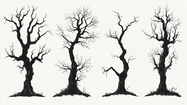 Haunted trees cartoon illustration. Collection of eerie, bare, dead and twisted scary tree in black and white. 