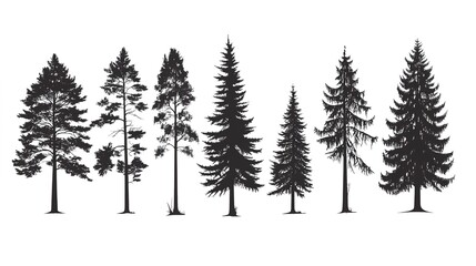 Obraz premium A Pine tree silhouette. Evergreen forest firs and spruces black shapes. Vector illustration of woodland tree set on a white background design. 