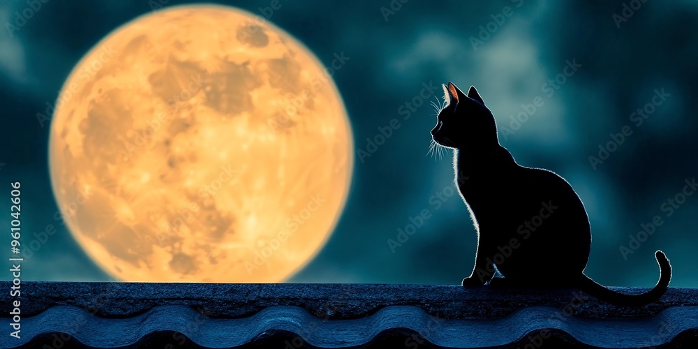 Poster a back cat silhouettes sits on a roof with the moon in the background