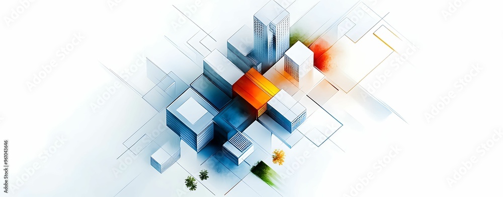 Poster ethereal fusion: virtual and real worlds blend overhead in watercolor style with clear light and sha