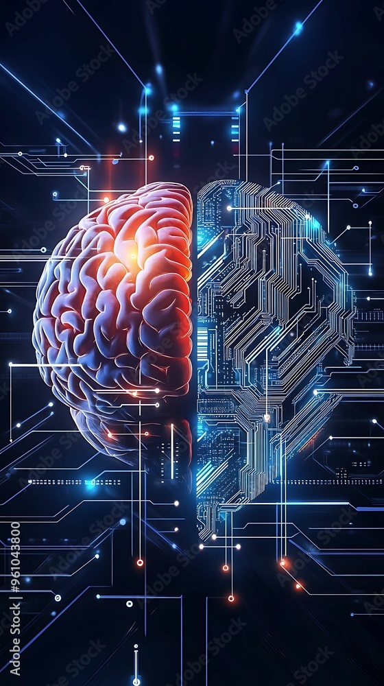 Poster neural network fusion - abstract digital painting of human brain and ai circuit board interwoven in 
