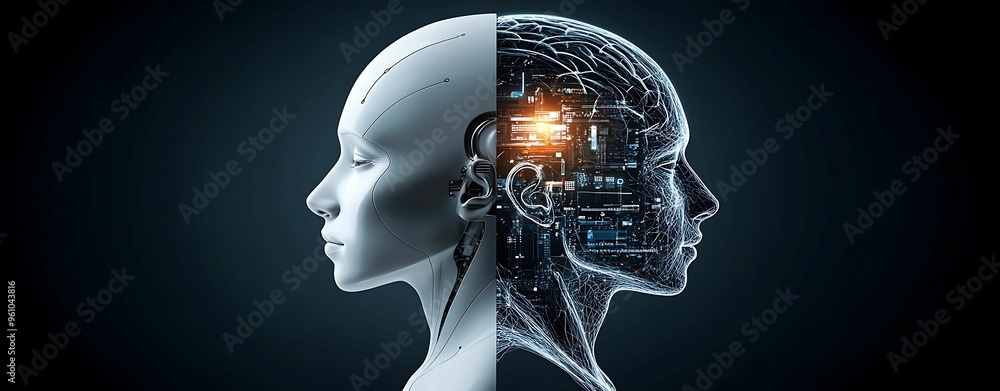 Aufkleber the interface of humanity and artificial intelligence - side view realistic photo with clear light a