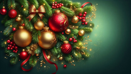 Fototapeta premium A festive holiday background featuring evergreen pine branches adorned with red and gold Christmas ornaments. Delicate sparkles and a light dusting of glitter enhance the festive atmosphere