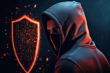 Masked Hacker in Dark Room with Data Streams and Security Shield Overlay with Copy Space