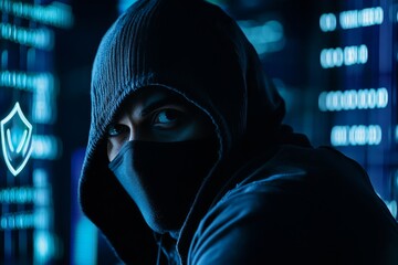 Cyber Security Breach Scene with Masked Hacker and Digital Streams in Dark Room with Copy Space