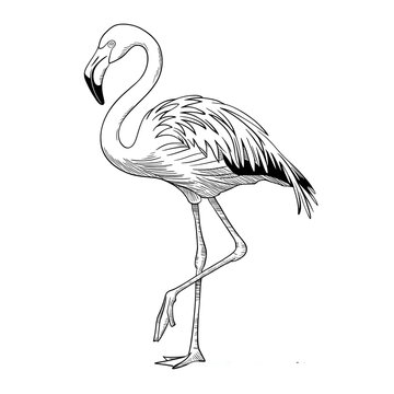 recommend clip art: Flamingo. Pink flamingo icon. Flamingo black and white sketch isolated on white. Illustration of flamingo bird for adult coloring page, tattoo, logo, book. Black and white flamingo silhouette.