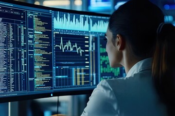 A professional analyzing data on multiple screens in a modern office environment.