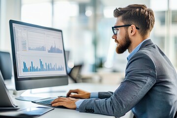 A man working on a computer, analyzing data in a modern office environment.