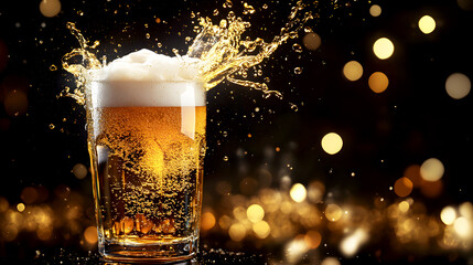 powerful splash of golden beer erupting from a glass, with foam and liquid frozen in motion against a bold
