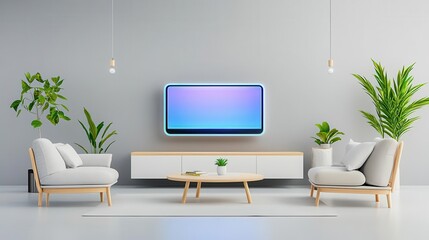 A modern living room with a floating holographic TV, sleek furniture, minimalist design, soft neutral colors, 3D rendering