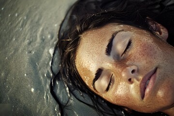 Fototapeta premium Woman with Freckles in Water Eyes Closed Wet Hair Beauty Close up