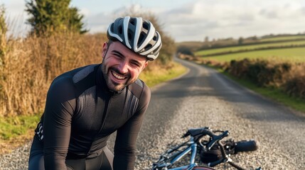 Cyclist grinning after a minor accident on a gravel road, capturing the joy in the mishap, close-up, vibrant, fusion, countryside backdrop
