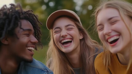 Fototapeta premium Group of friends laughing together after a playful accident, focus on their joyful expressions, vibrant, overlay, park backdrop