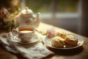 Fototapeta premium A cozy tea setting with a cup, biscuits, and flowers, evoking relaxation and comfort.