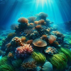 Fototapeta premium A peaceful tropical underwater seagrass meadow, seagrass swaying in the current ai generative