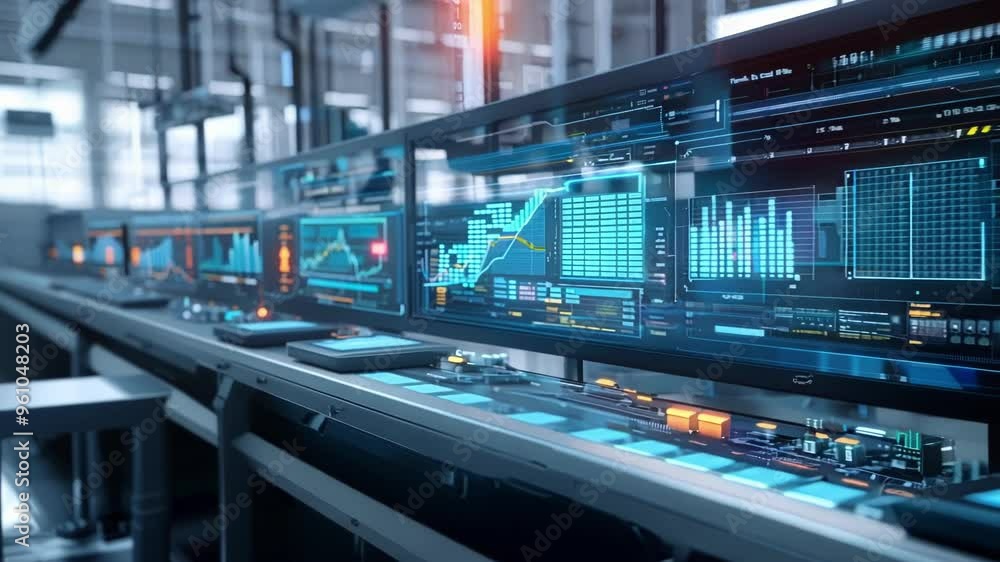 Poster monitors displaying production data analysis results in a futuristic control room, highlighting cutt