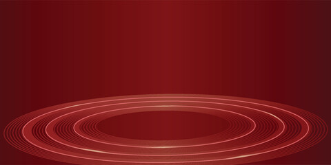 Abstract luxury gold circle lines on dark red background and light effect. Minimal geometric pattern