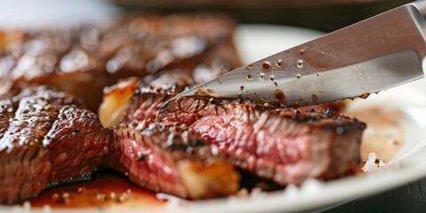 Close-up view of a knife cutting through a cooked ribeye steak on a light-colored plate.