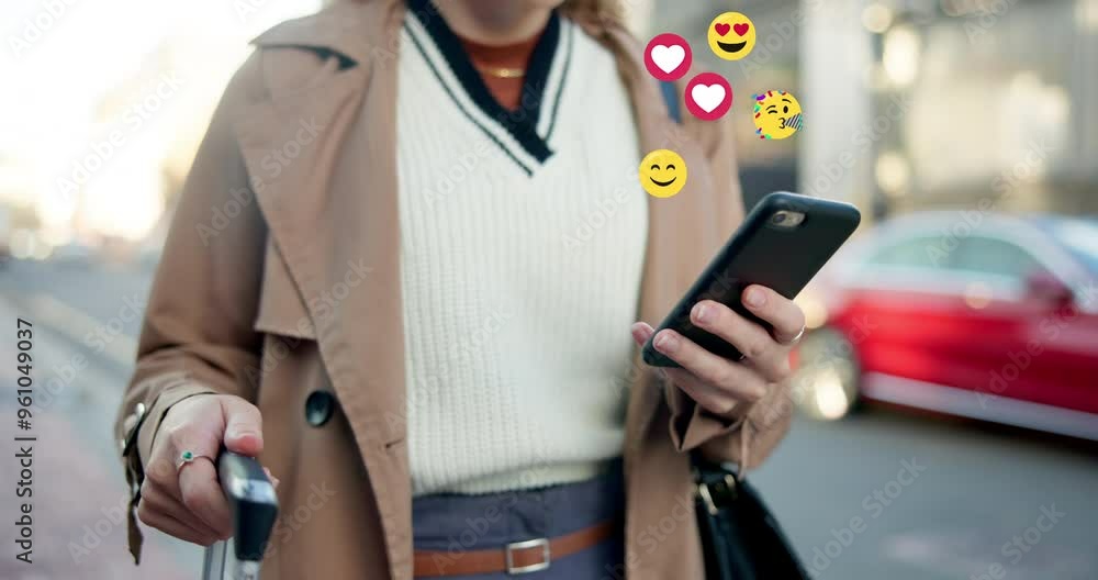 Poster Social media, emoji and phone with hands of person in city for algorithm, notification and connection. Icon, networking and comment with mobile user for viral post, global message and overlay