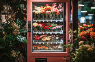 Fresh Floral Delights: Novel Flower Vending Machine in Vibrant Setting