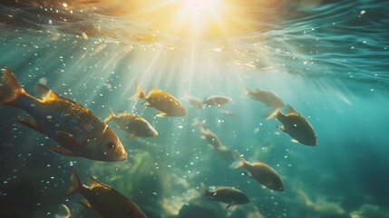 Fototapeta premium Fish swimming in the crystal clear water as the sun beams down