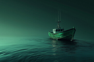 Obraz premium Ocean Tranquility: Green Fishing Boat on Teal Currents