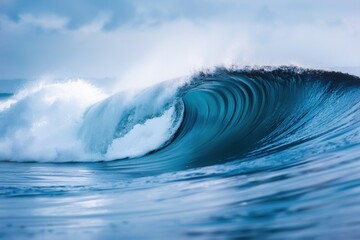 A stunning ocean wave gracefully curls, showcasing vibrant blues and frothy white caps under a serene sky.
