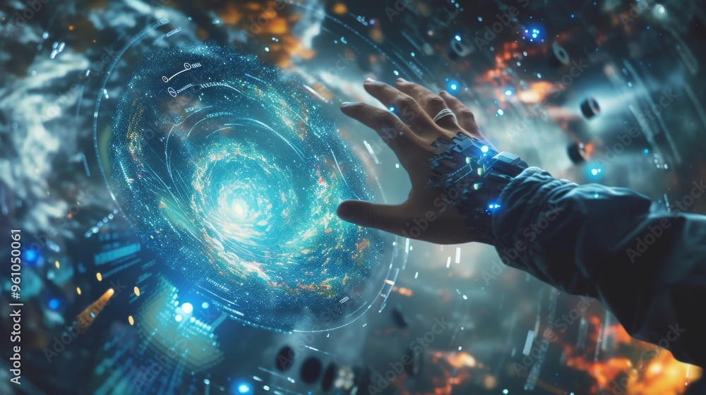 Poster a futuristic hand adorned with tech elements reaches out to a glowing cosmic swirl, symbolizing the 