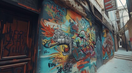 Obraz premium A colorful graffiti artwork adorns a wall in a narrow, dimly lit alleyway. The vibrant street art, filled with dynamic colors and bold lines, contrasts with the aged, weathered surroundings, creating